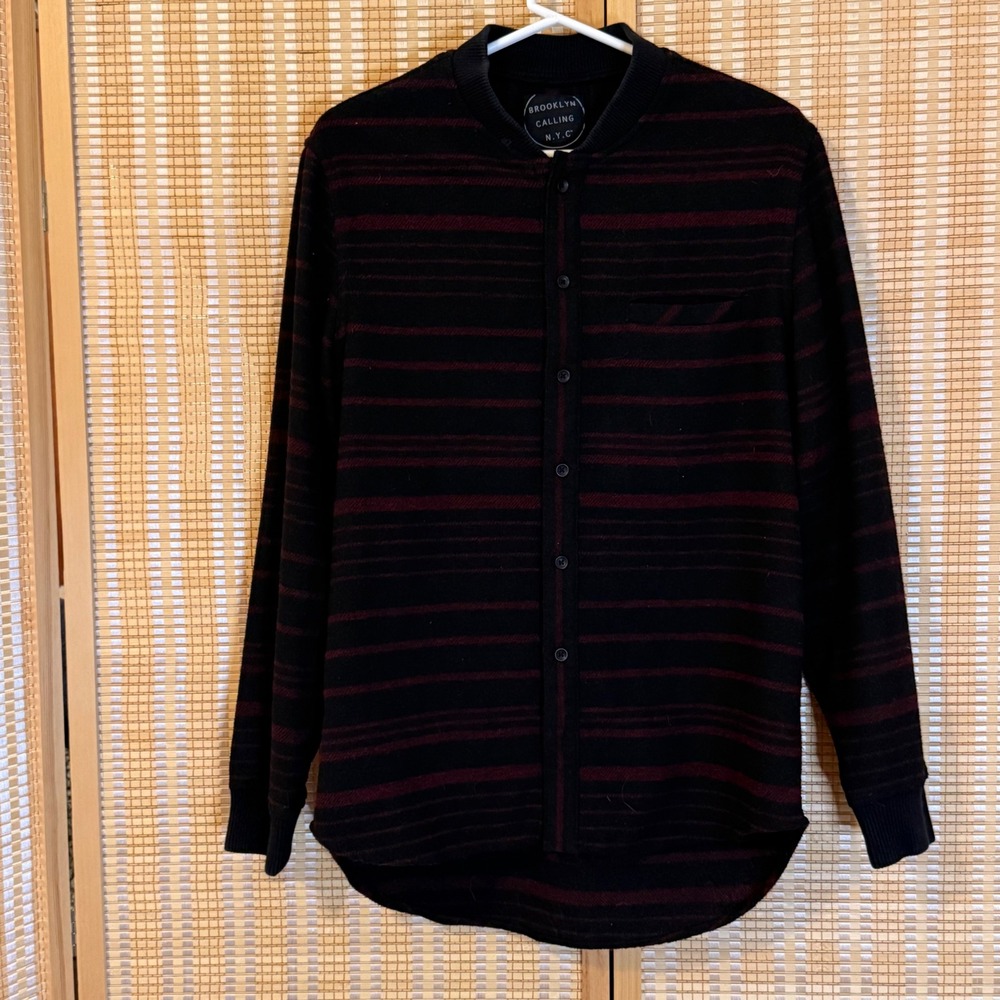 Brooklyn Calling NYC Mens Medium Wool Blend Striped Bomber Collar Shirt Black